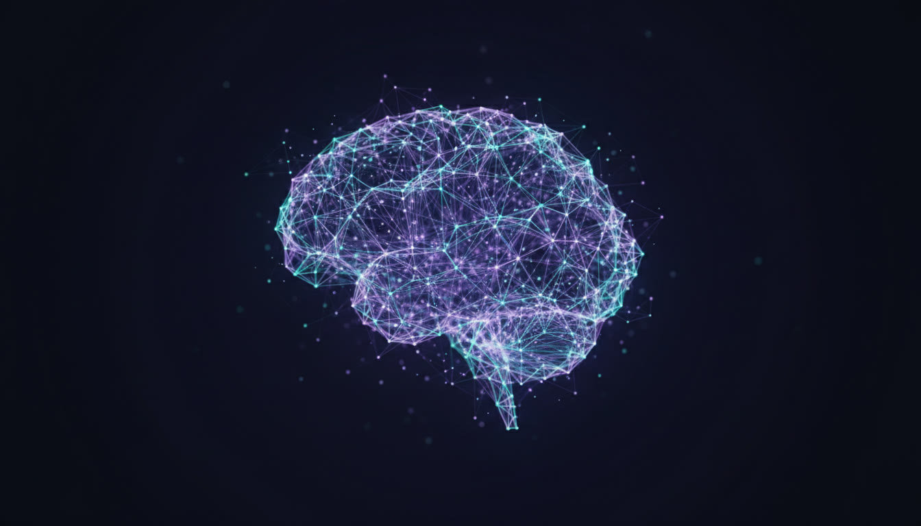 Abstract glowing AI neural network in violet and teal, representing Aetherian Intelligence AI integration services