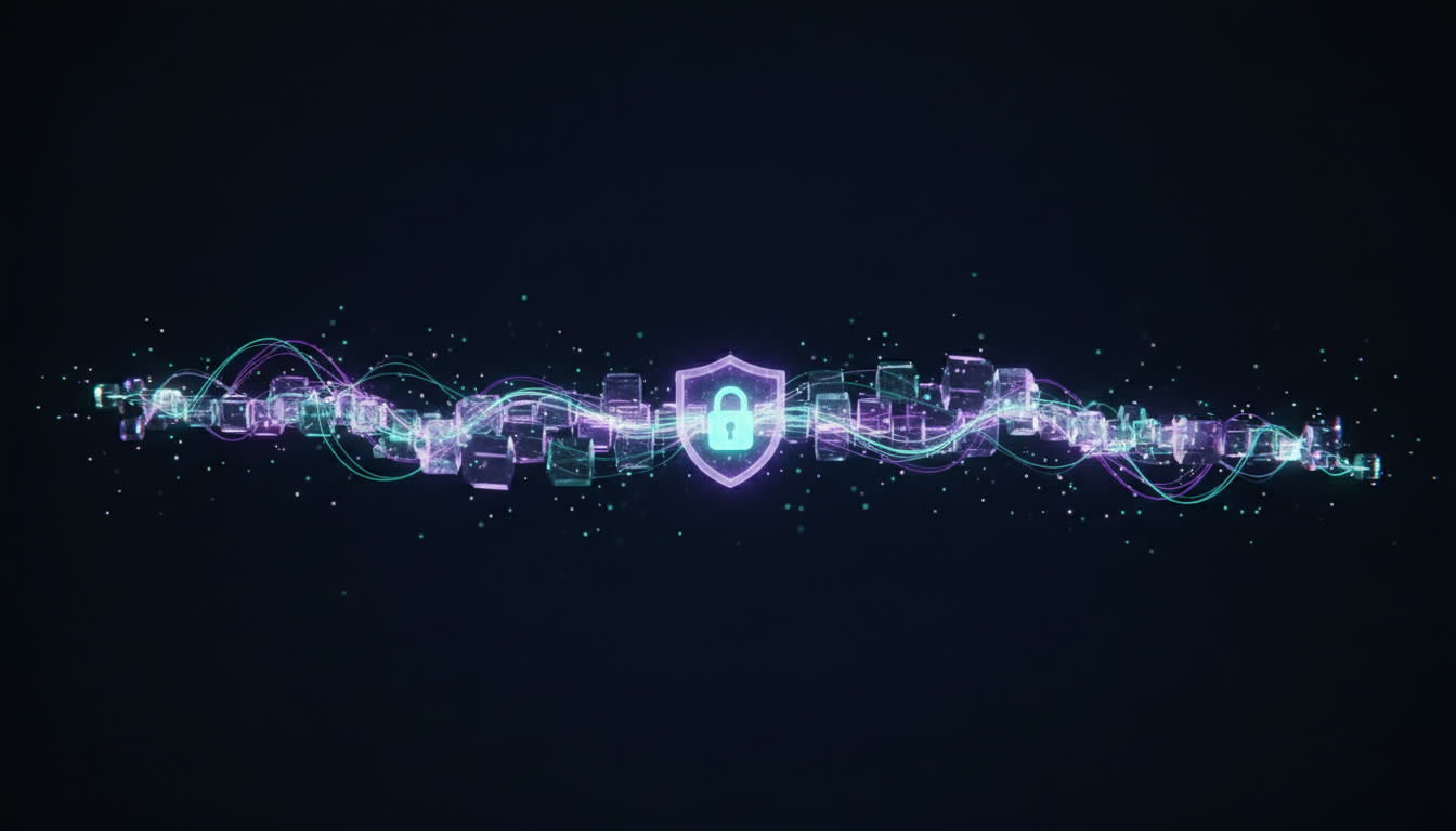 Glowing chain of linked blockchain blocks with a central security shield, in violet and teal — Aetherian Intelligence smart contract development